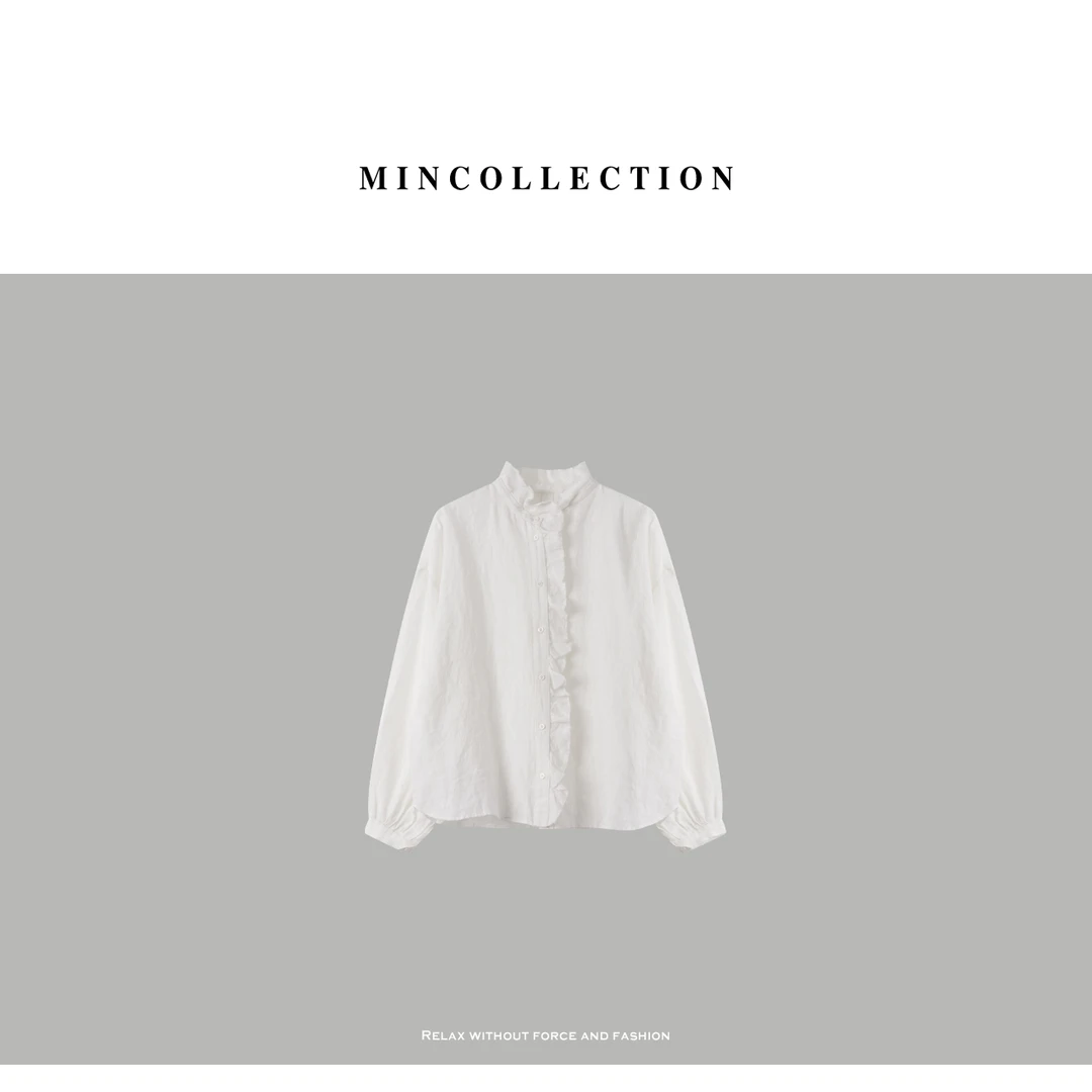 木耳边衬衫/法式立体褶边立领全亚麻衬衫50491