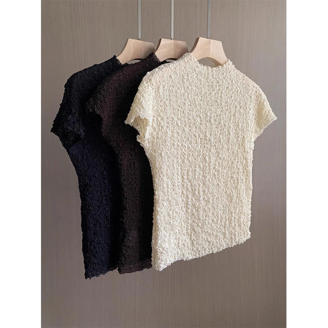 2025夏季新款设计小众半高领冰丝泡泡纱褶皱肌理感短袖百搭T恤女