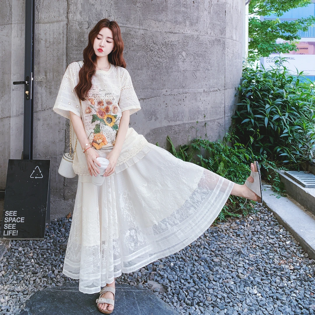 巨好看向日葵印花镂空蕾丝上衣半身裙两件套女夏韩系ootd穿搭套装