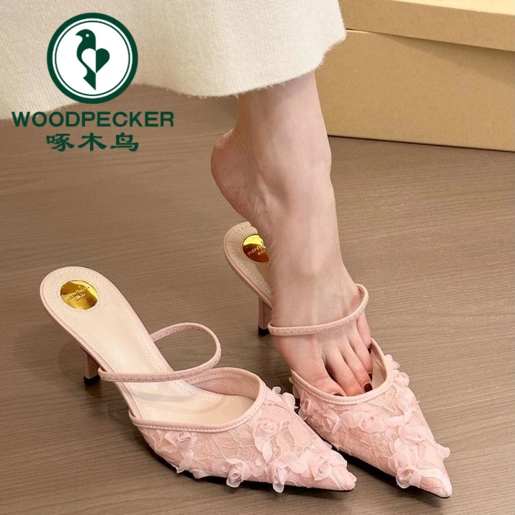 啄木鸟粉雾玫瑰！尖头一字带高跟鞋细跟半拖鞋女春2025网纱凉鞋