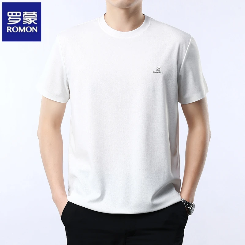 罗蒙男士夏季新款纯色透气圆领薄款白色短袖T恤轻奢痞帅男装男款