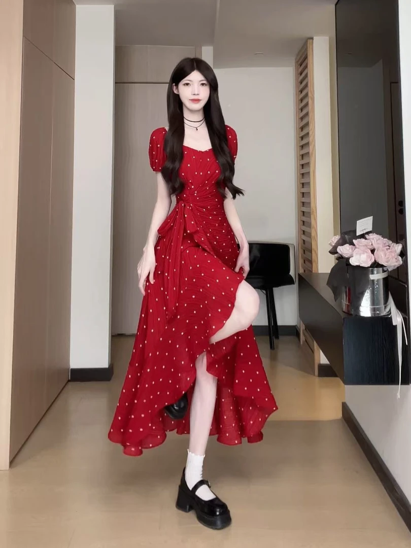 松本丧丧红色波点花裙肌理感不规则裙摆A字裙短袖连衣裙B252Q0987