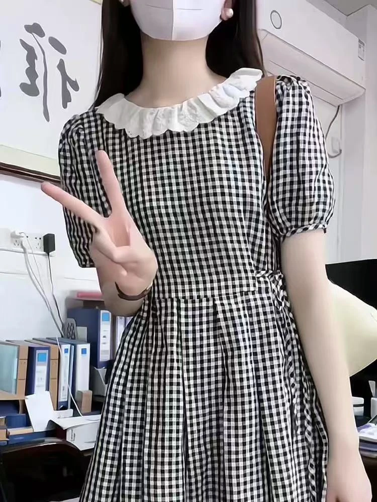 格子娃娃领夏季收腰哺乳期辣妈产后外出减龄显瘦遮肚连衣裙母乳