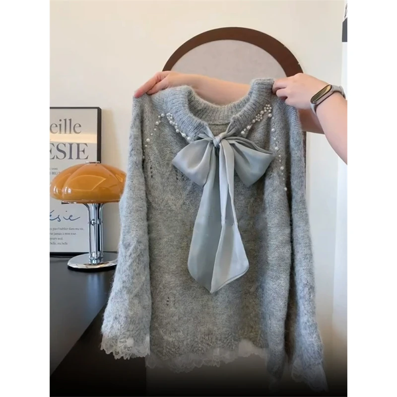 自留款推荐~慵懒风钉珠蝴蝶结毛衣女秋冬新款显瘦拼接加厚针织衫