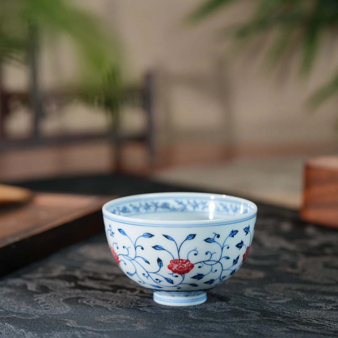 片雲晚谷片云晚谷青花釉里红缠枝陶瓷主人杯四季鸡心杯顺丰包邮