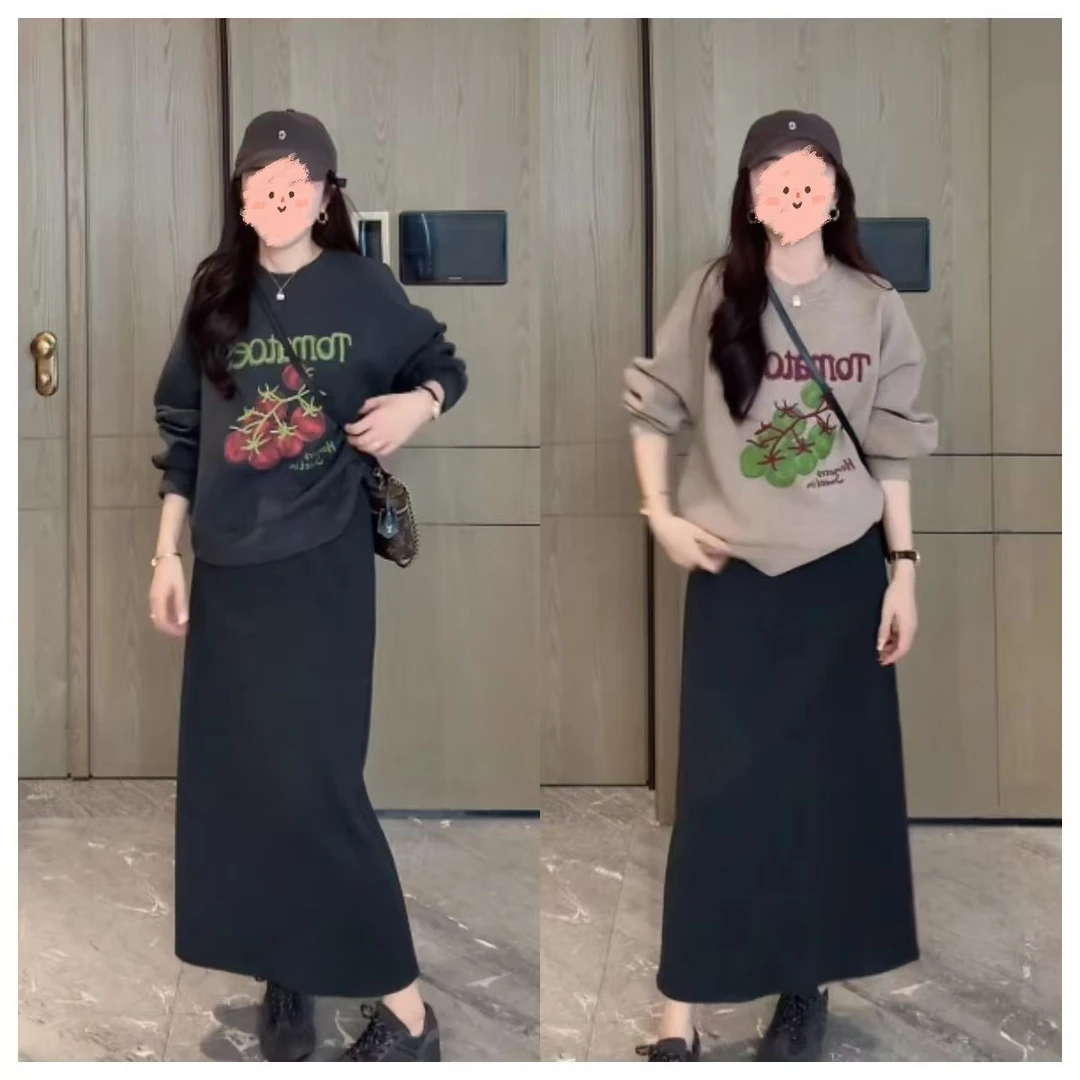 2025秋季新款韩式番茄刺绣休闲卫衣女时尚减龄百搭上衣＋半身裙