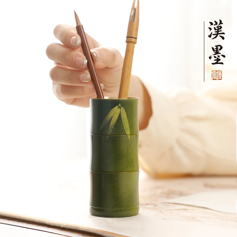 黄铜烫画笔筒 千里江山 林深见鹿 文房四宝 毛笔笔筒