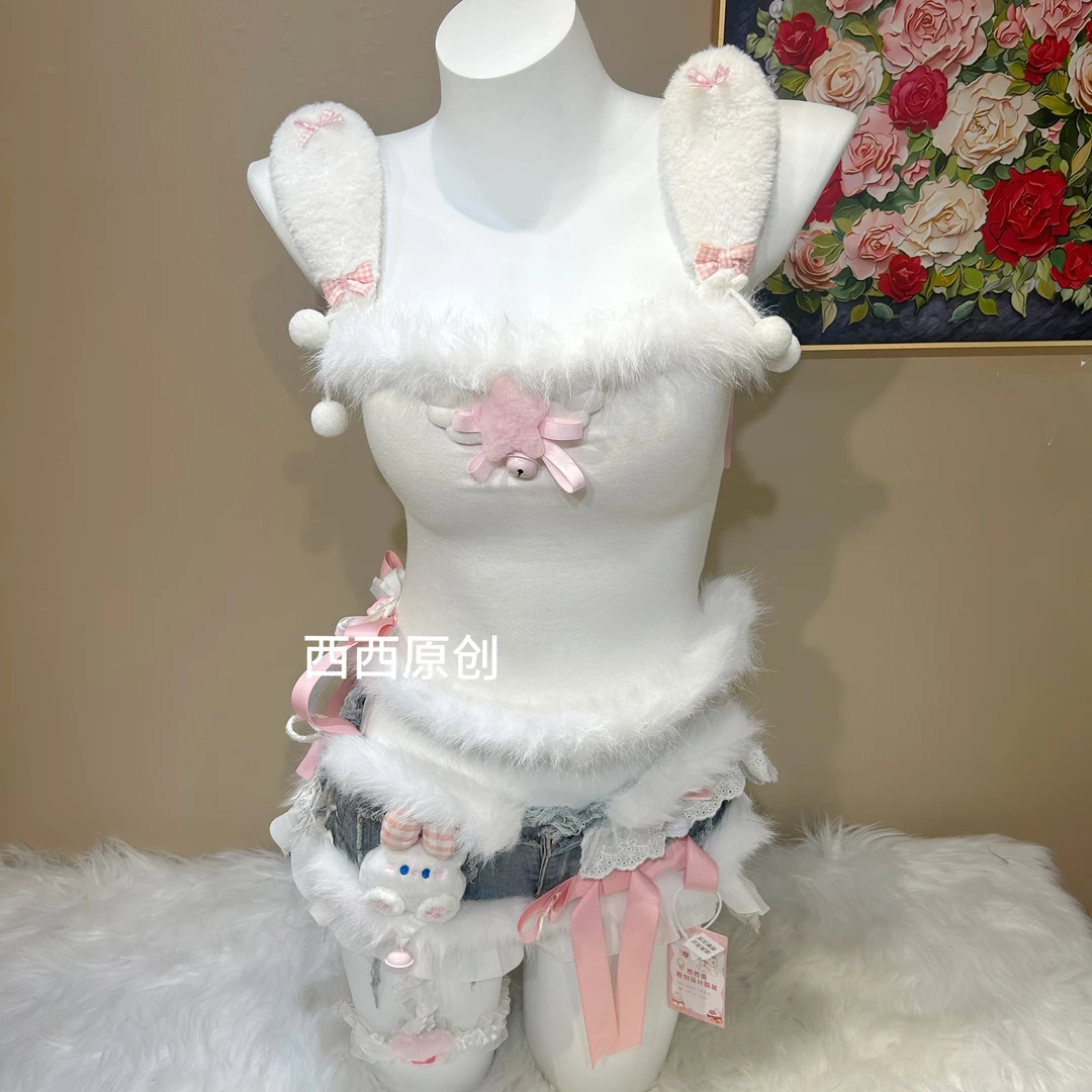 原创西西DD-15手作款夏季韩版可爱性感吊带辣妹日系超甜短牛仔裤