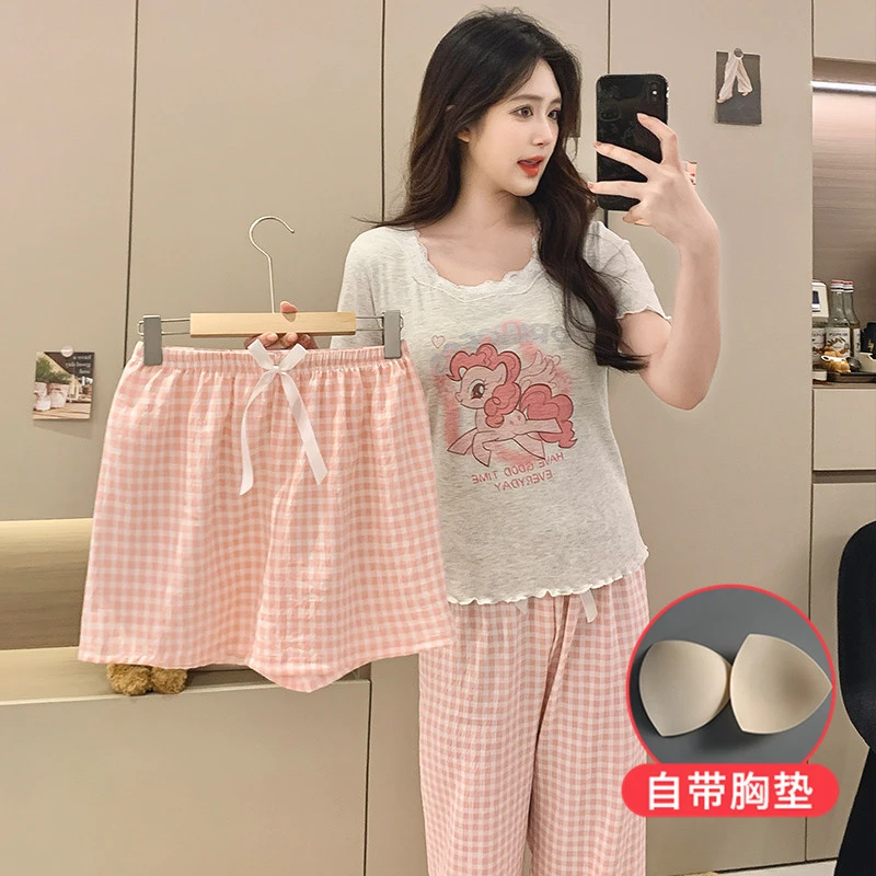 夏季新款卡通印花短袖三件套带杯垫睡衣可爱宝莉甜美透气套装2239