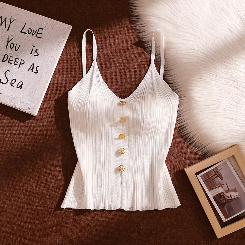 辣妹针织吊带背心女内搭设计感小众性感修身纽扣打底V领无袖上衣