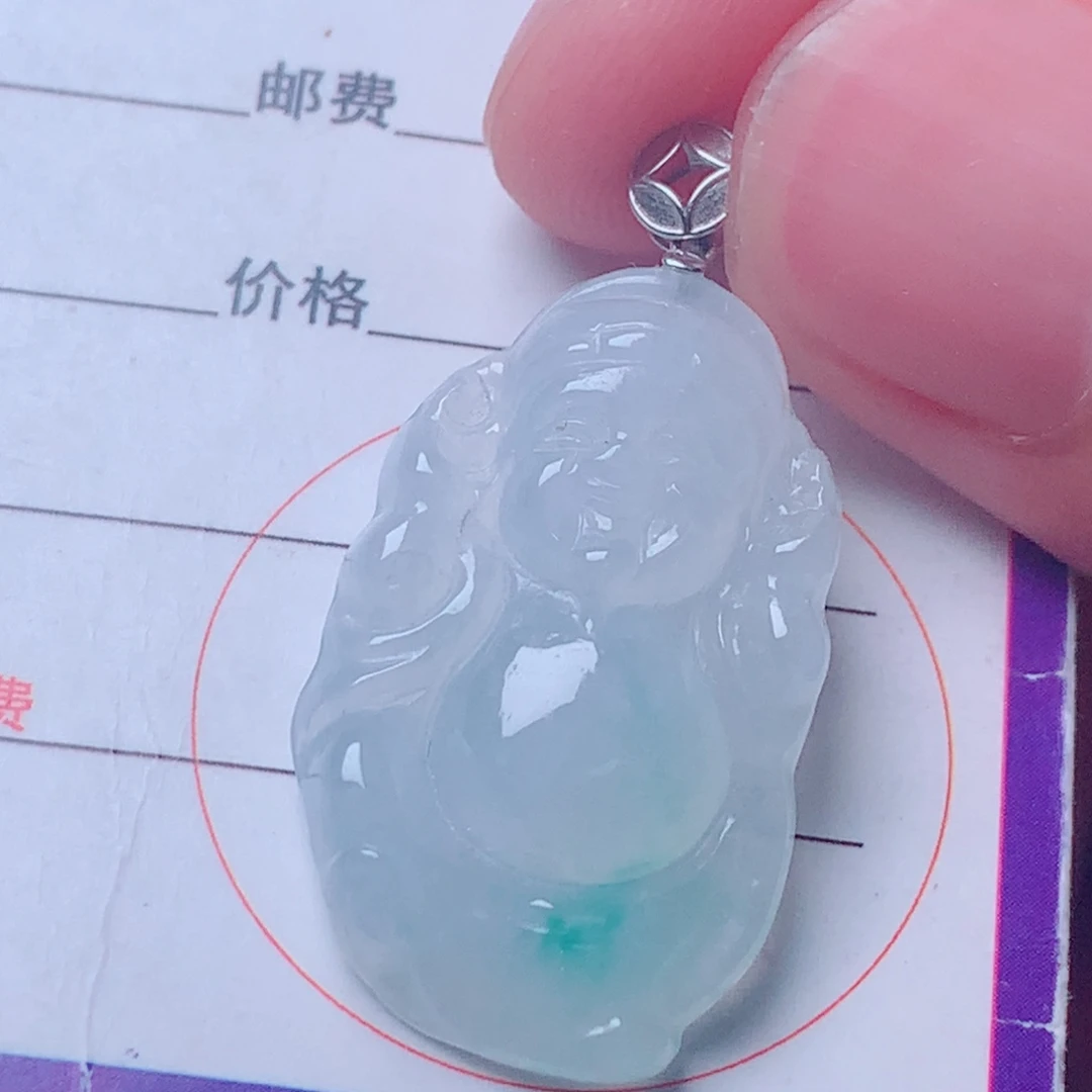 翡翠18K金镶嵌颈饰冰阳绿财神爷