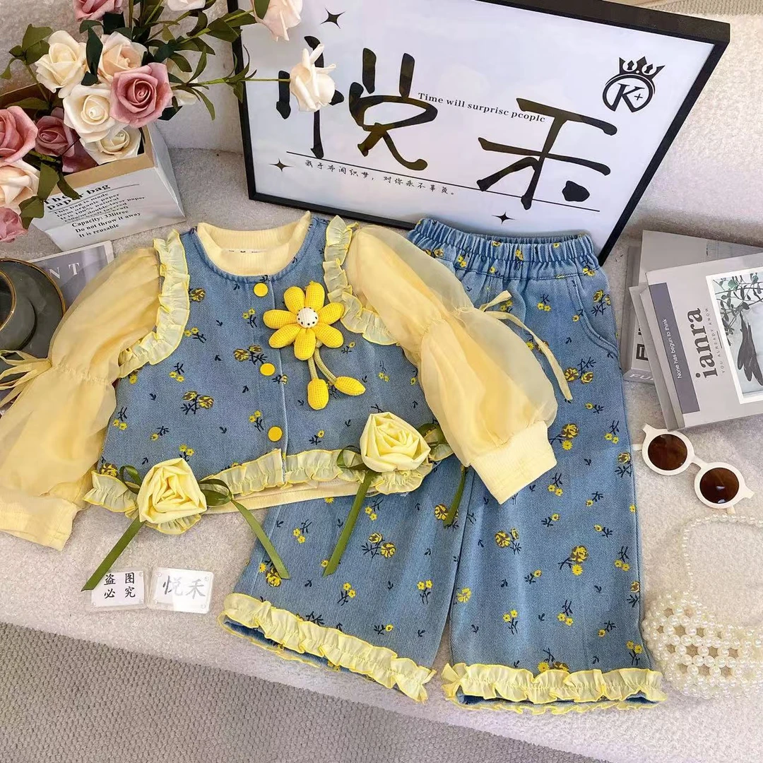 T3【悦禾】秋款上新黄色甜美秋季长袖儿童女童洋气时尚休闲套装7529