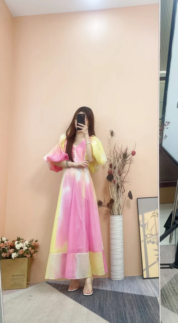 [依易原创]气质名媛风渐变晕染收腰显瘦泡泡袖公主裙B0811