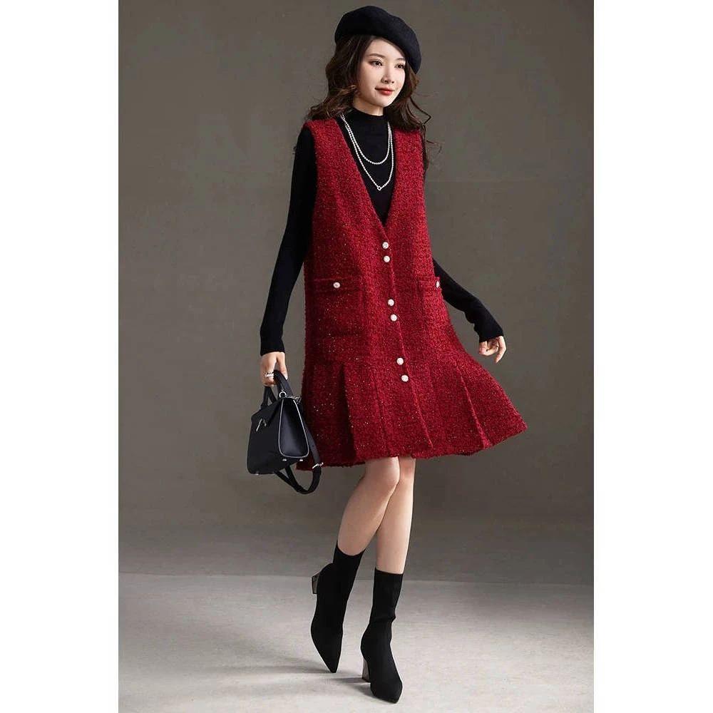 KiKi严选：12563-CP家欧货南油秋冬打底衫红色背心裙两件套装