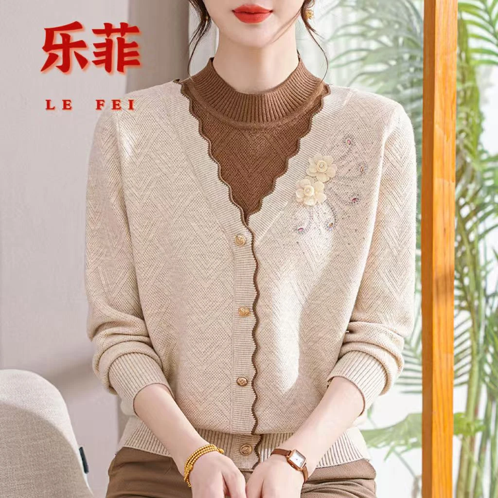 妈妈新款装百搭针织衫中老年女装假两件妈妈毛衣时尚洋气打底上衣