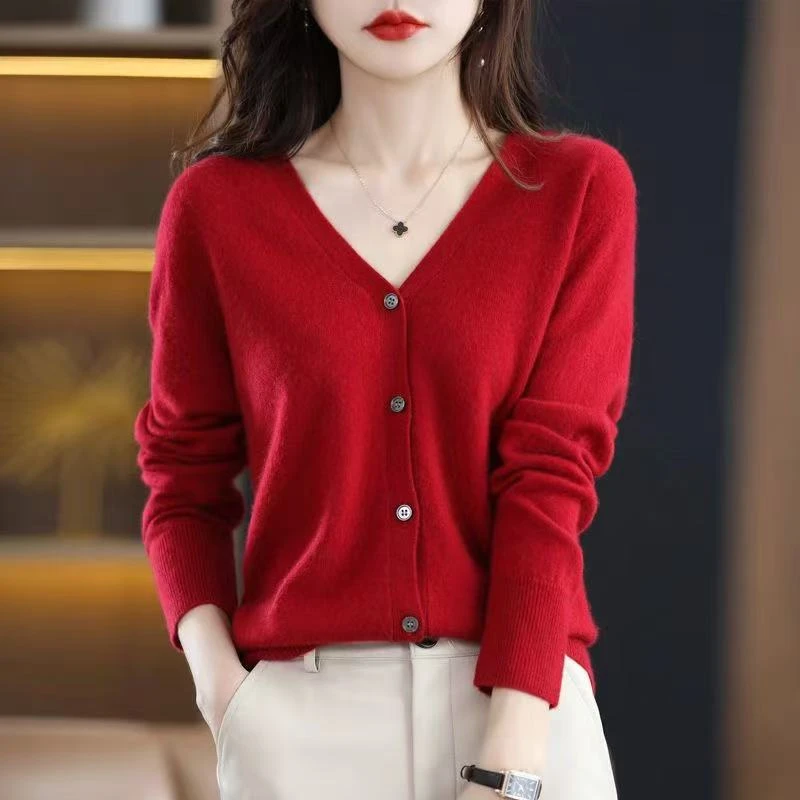 25秋冬季新款V领针织开衫女纯色长袖宽松毛衣打底上衣