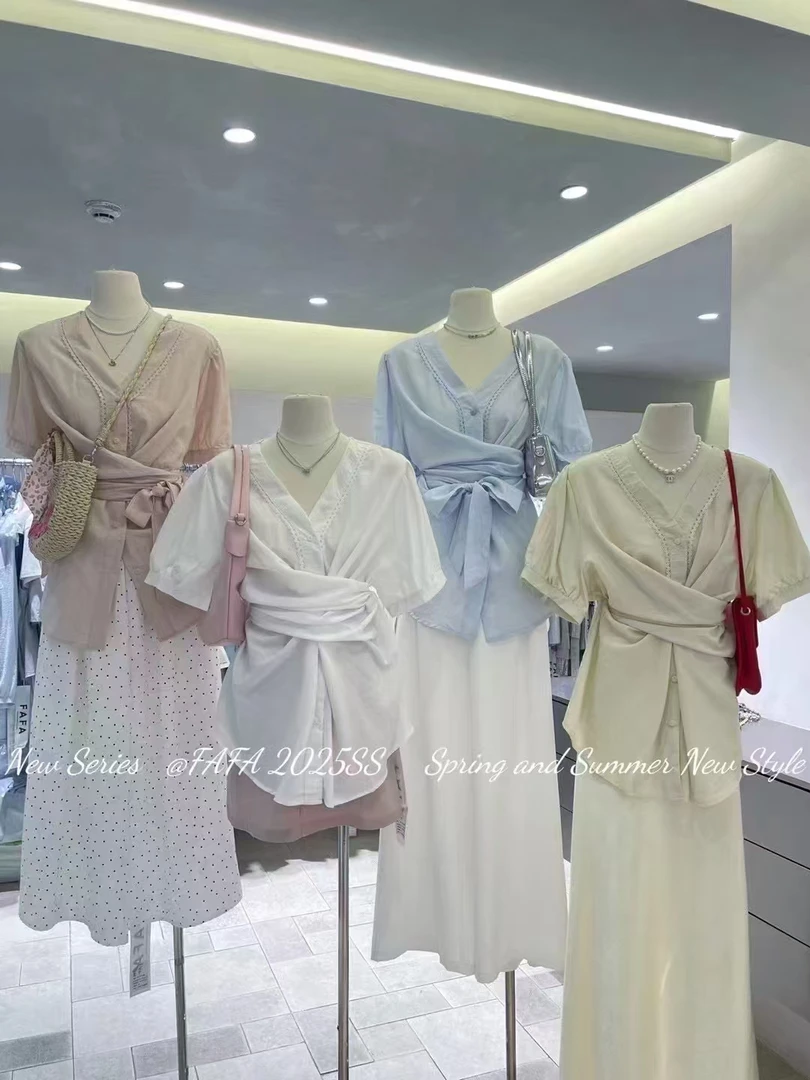 【fafa】交叉系带显瘦上衣夏季简约舒适休闲百搭显瘦衬衫#6701