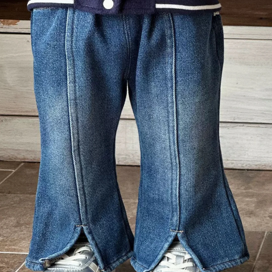 蔓萄mantao女宝微喇开叉加绒一体绒牛仔裤