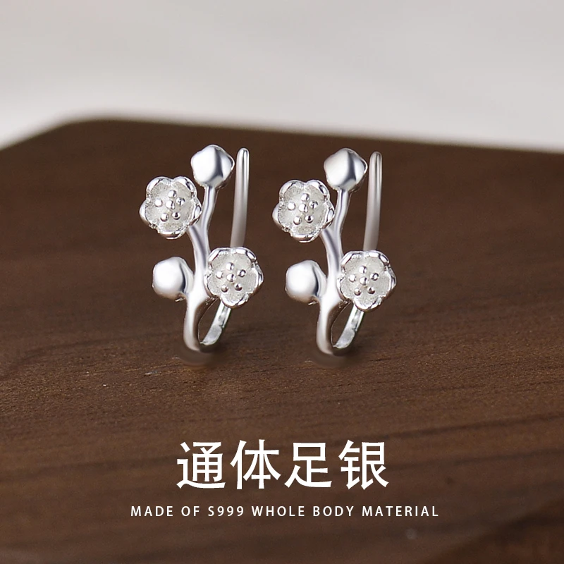 足银耳饰 S999足银桃花耳环女百搭养耳洞耳骨钉新款足银耳钩E289