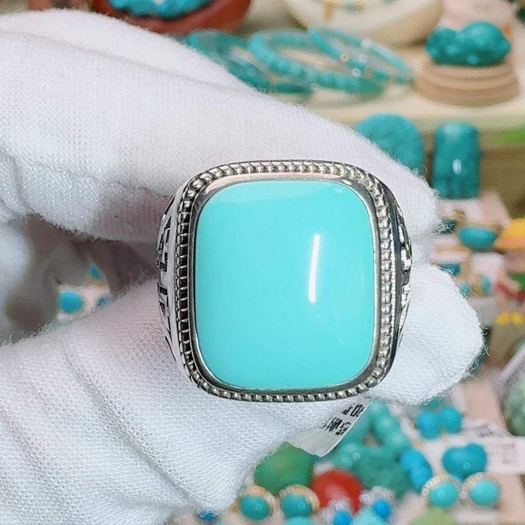 绿松石银S925镶嵌珠宝奇石大气方面戒指