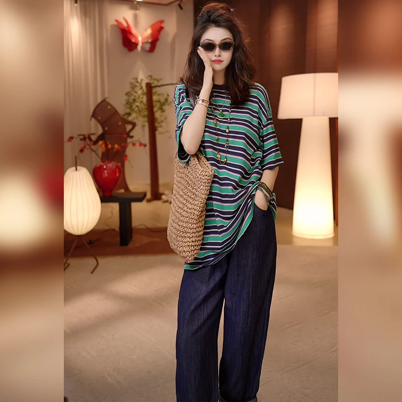 Linda姐高端线【欧若风】新款时尚气质休闲百搭条纹T恤AS5STX0159