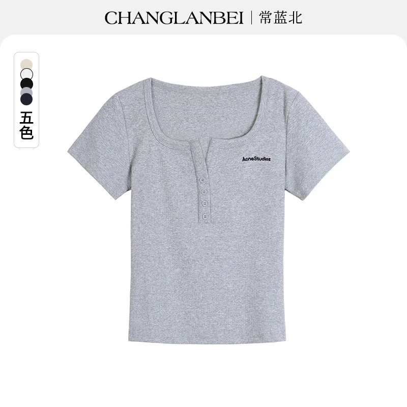 【蓝莓专属】春季新款简约纽扣字母刺绣打底衫短袖T恤