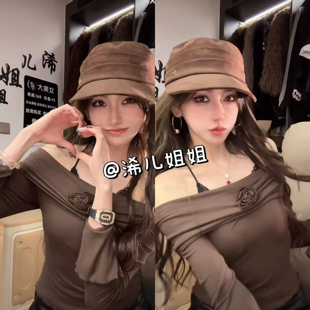 玫瑰花一字肩上衣木耳边打底衫