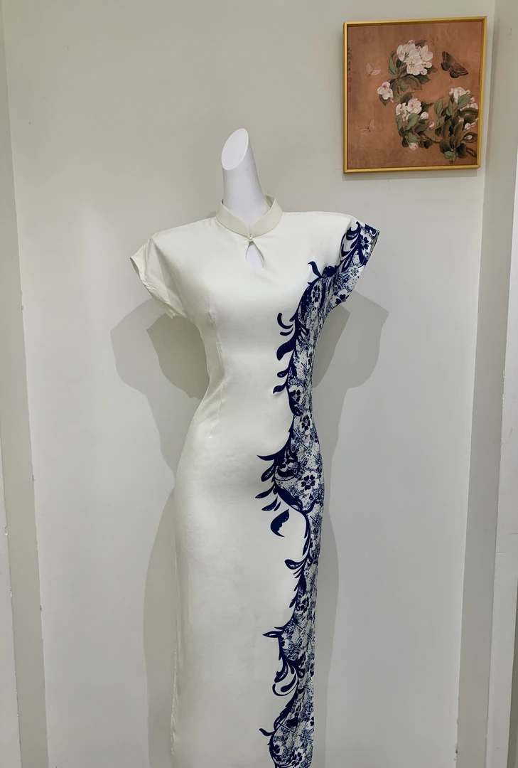 衣长125）茶黎白色前镂空旗袍改良日常气质