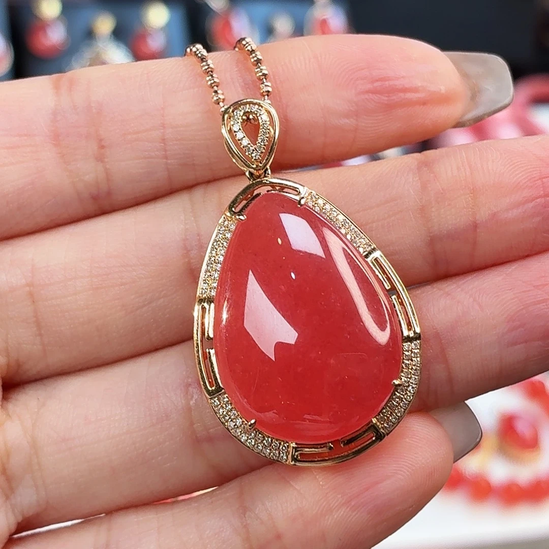 菱锰矿（红纹石）18K金镶嵌吊坠(不含链)