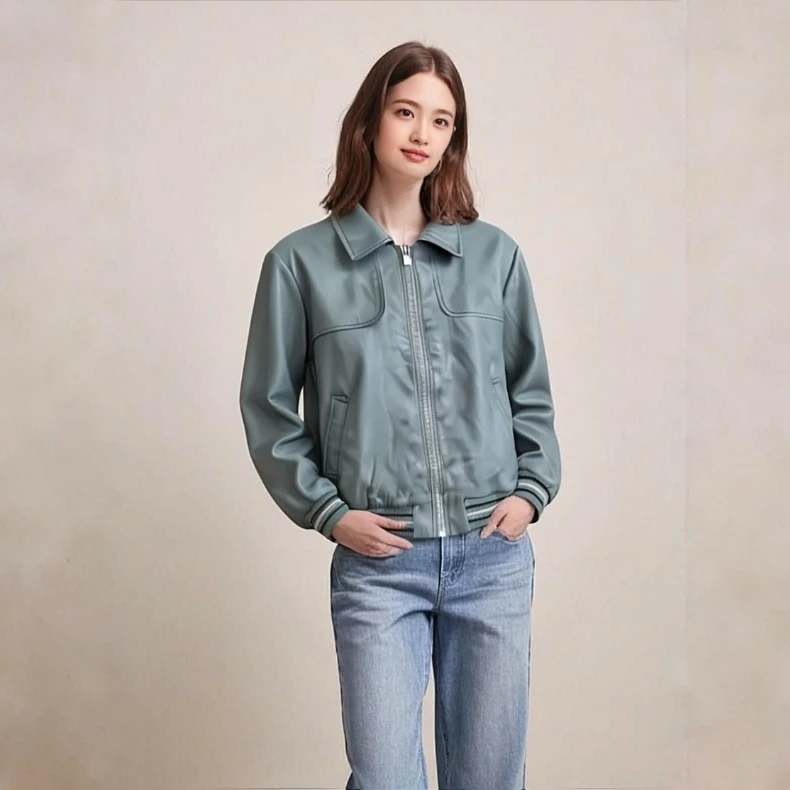 秋季新款清冷系浅灰皮衣时尚休闲女长袖短款水洗皮夹克宽松百搭
