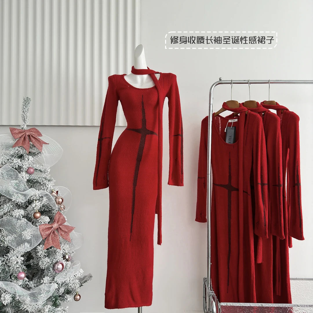 红色毛衣裙修身针织打底连衣裙ZC60