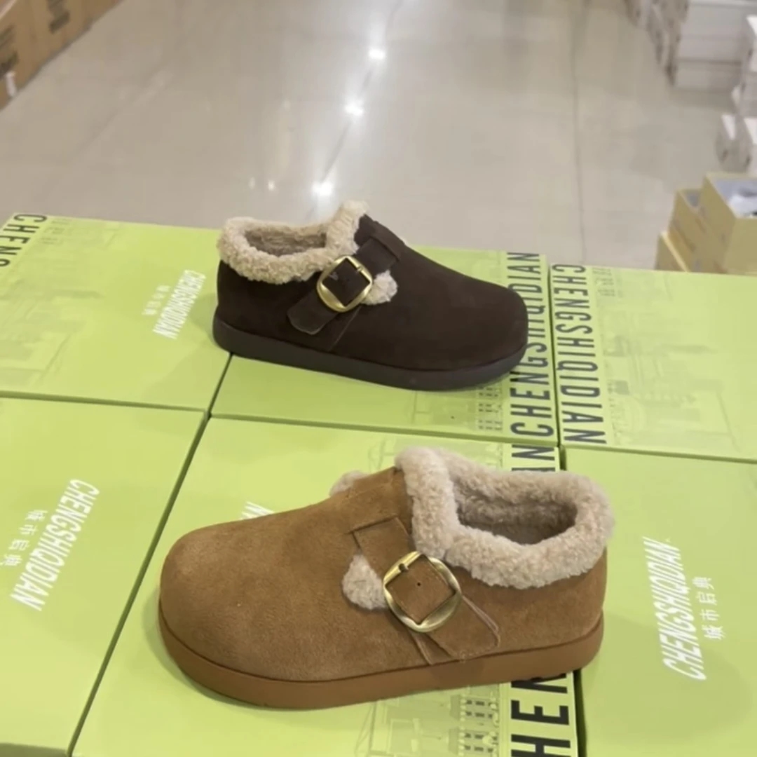诗涵家 真皮加绒平底博肯棉鞋678-3