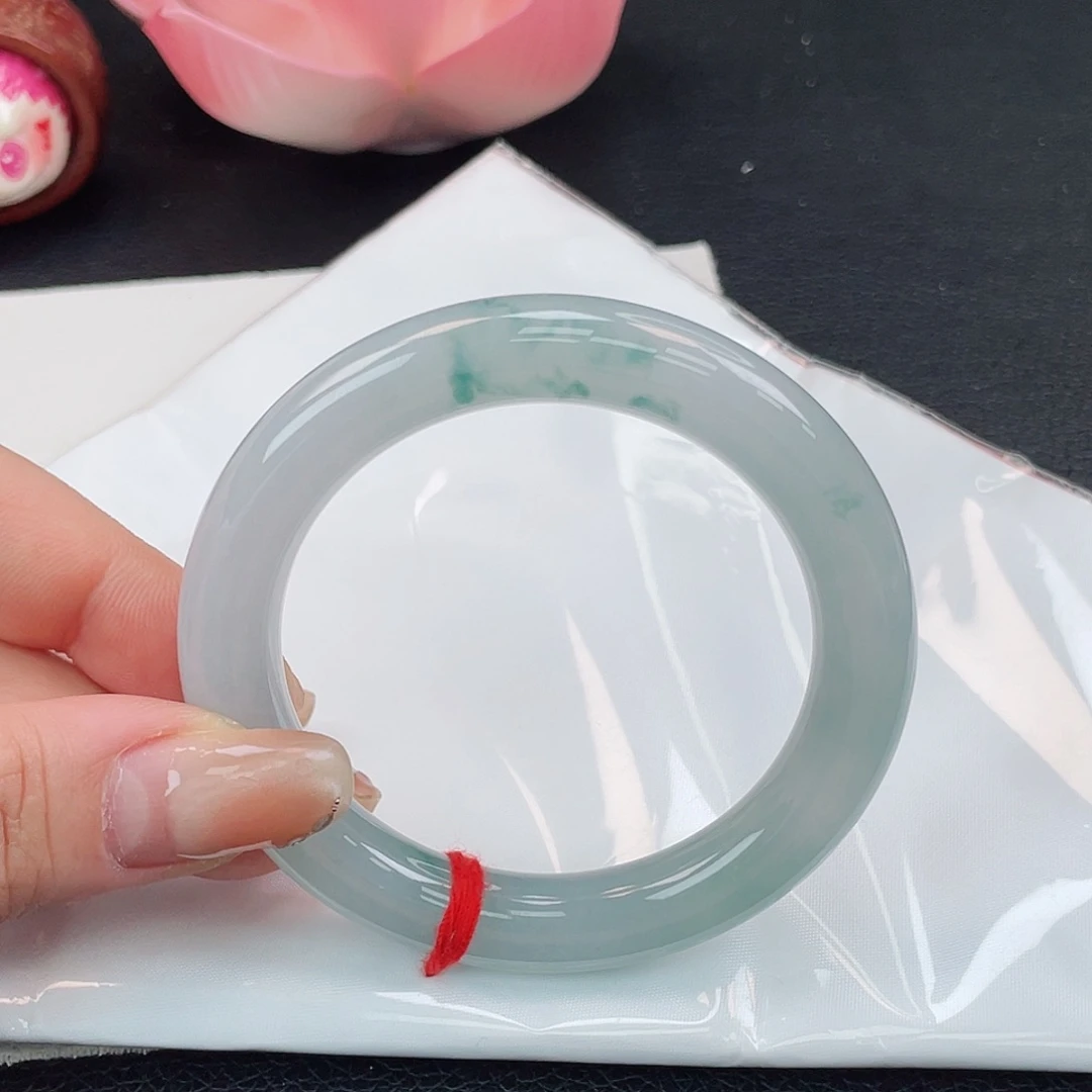 翡翠未镶嵌手镯54胖圆冰蓝飘花