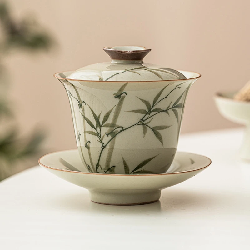 翠绿文竹三才盖碗单个高档家用泡茶功夫茶具中式陶瓷茶碗带盖防烫