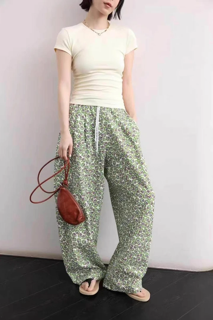 欧货夏季新款抽绳碎花直筒宽松百搭休闲长裤D07#