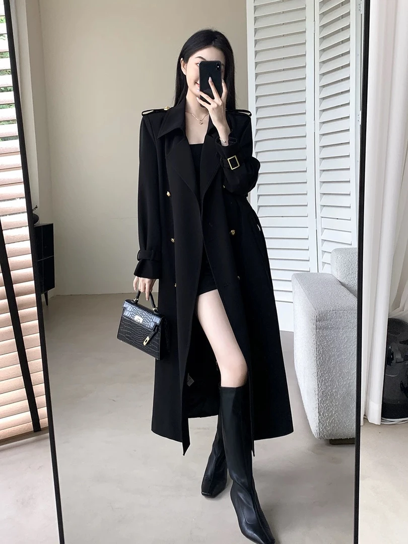 春秋季中长款黑色风衣女2025春新款高级感气质双排扣中长款外套