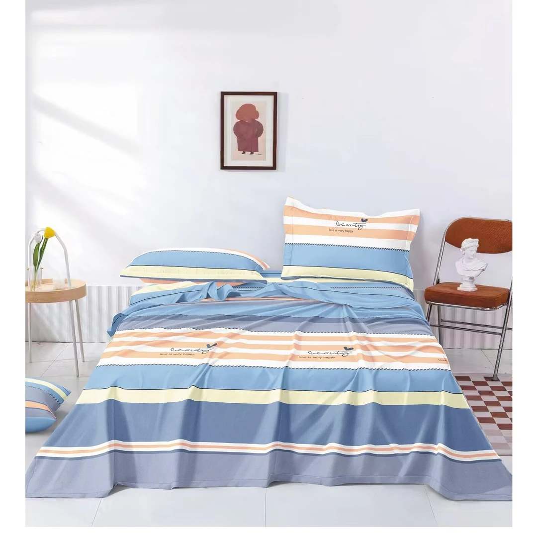 新款全棉老粗布薄款荷花床单字母条雅绿宿舍适用