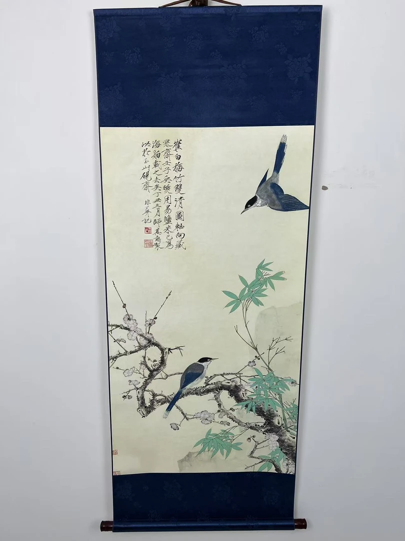 《双清图》用于玄关客厅办公室沙发背景墙装饰卷轴挂画