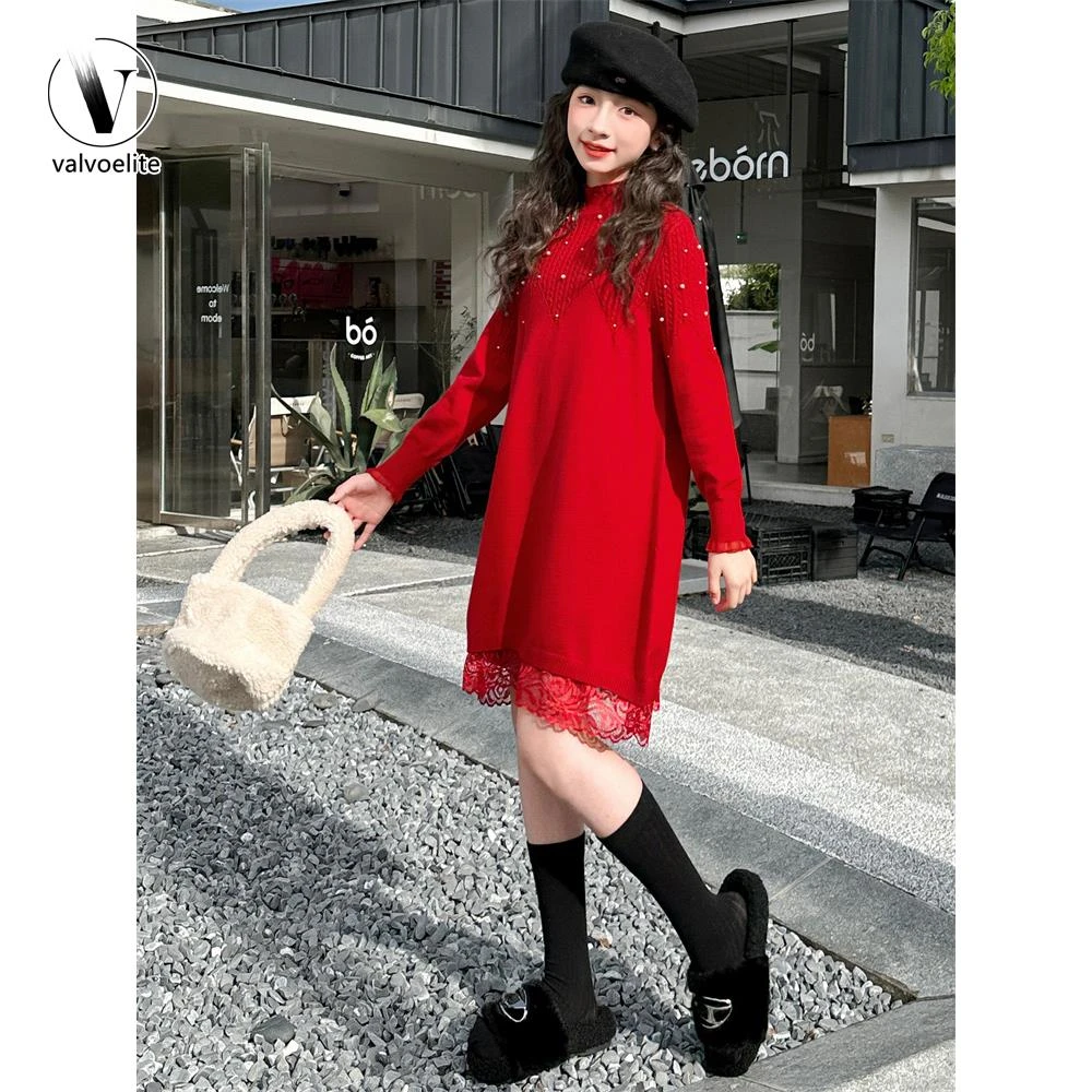 VALVOELITE女童毛衣裙秋冬打底2025新款洋气时尚外穿长款连衣裙潮