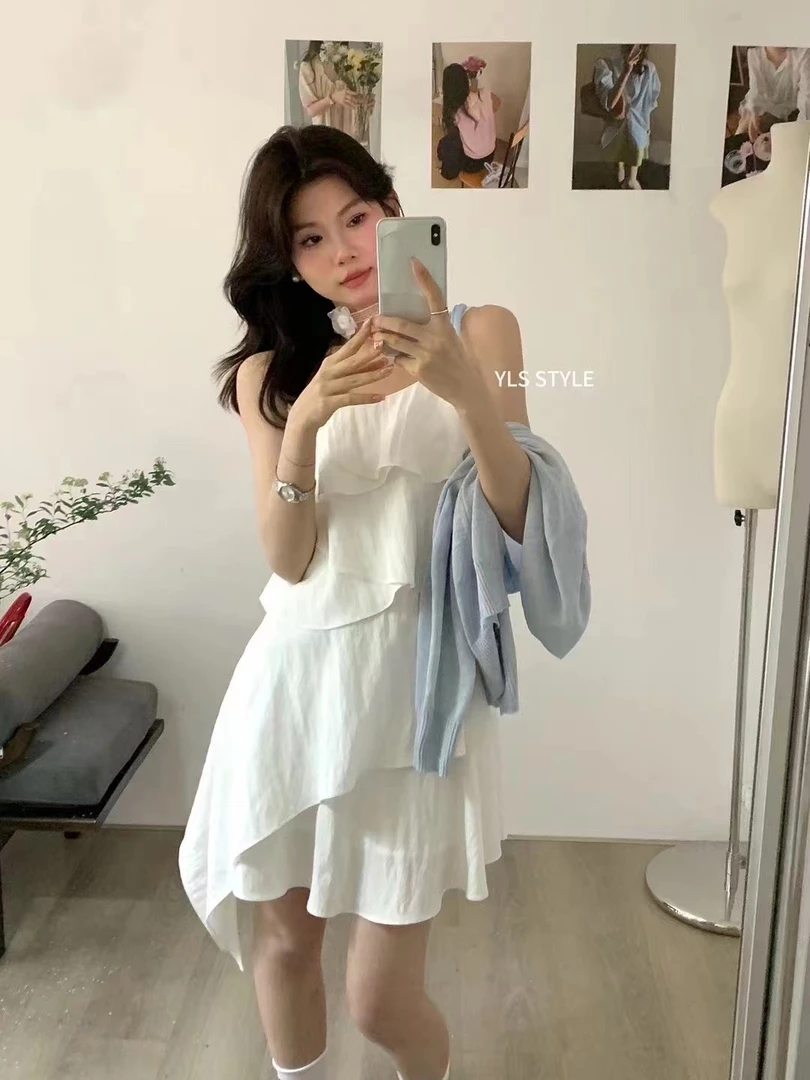 新款吊带雪纺皱拼接设计感不规则辣妹连衣