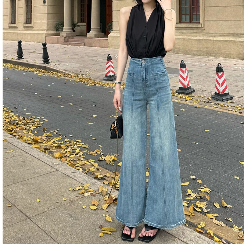 2025大码胖妹妹气质梨形身材高级浅蓝色阔腿高腰微喇叭拖地牛仔裤