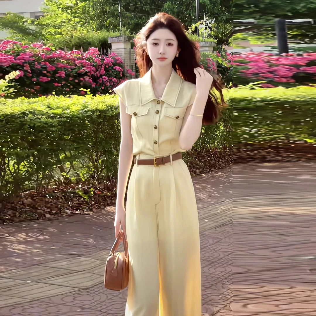 气质女神范高级感大方得体2025新款超火夏季网红小香风黄色连体裤