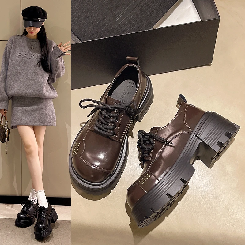 厚底英伦风乐福鞋女2025春季新款jk学院风大头小皮鞋系带时尚单鞋