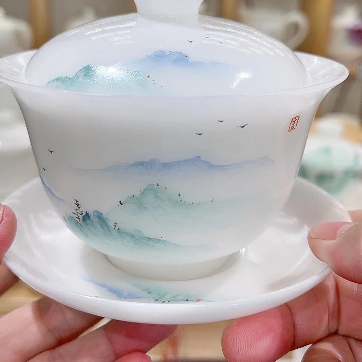 璞玉素烧手绘盖碗170