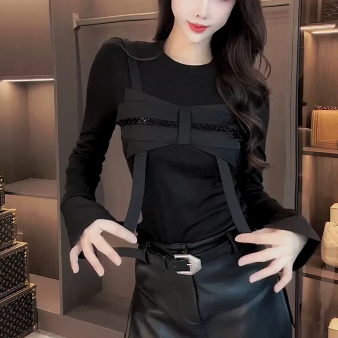 2025春季设计款蝴蝶结t恤衫时尚洋气气质百搭长袖正肩显瘦假两件