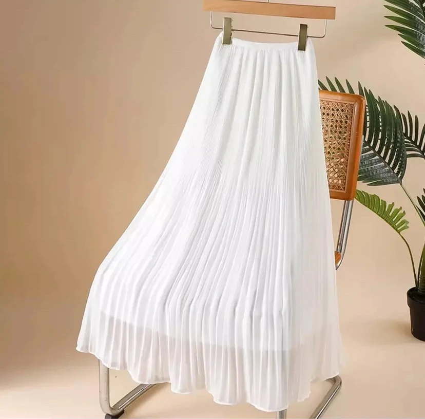 细褶薄款中长裙珍珠雪纺显瘦半身裙半裙裙子夏季大摆裙百搭显瘦
