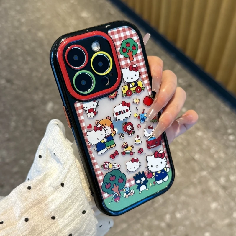奥菲顿红格纹苹果kt猫适用iPhone16奶油手机壳华为vivo小米15oppo