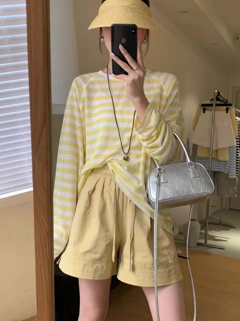 黄色条纹长袖防晒t恤女夏季薄款冰丝罩衫宽松休闲松驰感百搭上衣