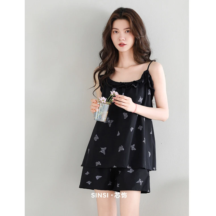 凉感睡衣女款夏季吊带纯棉性感两件套黑色高级感蝴蝶可外穿家居服