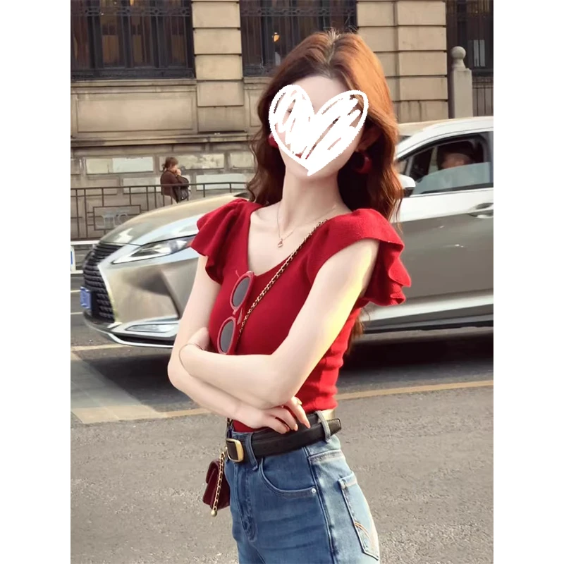 度月棠纯欲风V领短袖T恤女2025年夏季穿搭设计感修身短款辣妹上衣